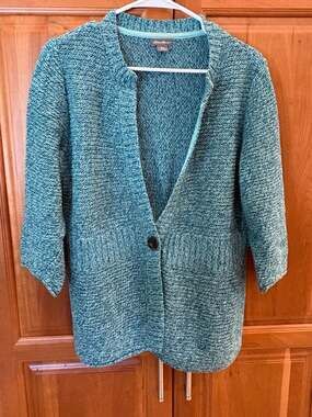 Eddie Bauer Shaker Button-Front Cardigan  L, Turquoise Green White Marled